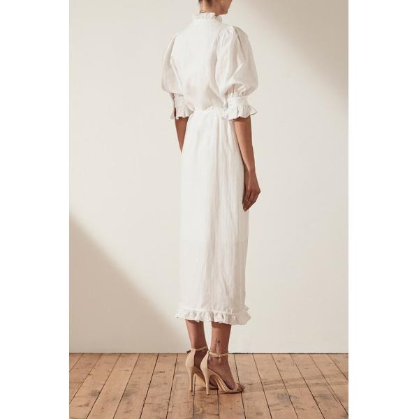 Linen Puff Sleeve Wrap Midi Elegant Dress Cotton Ladies