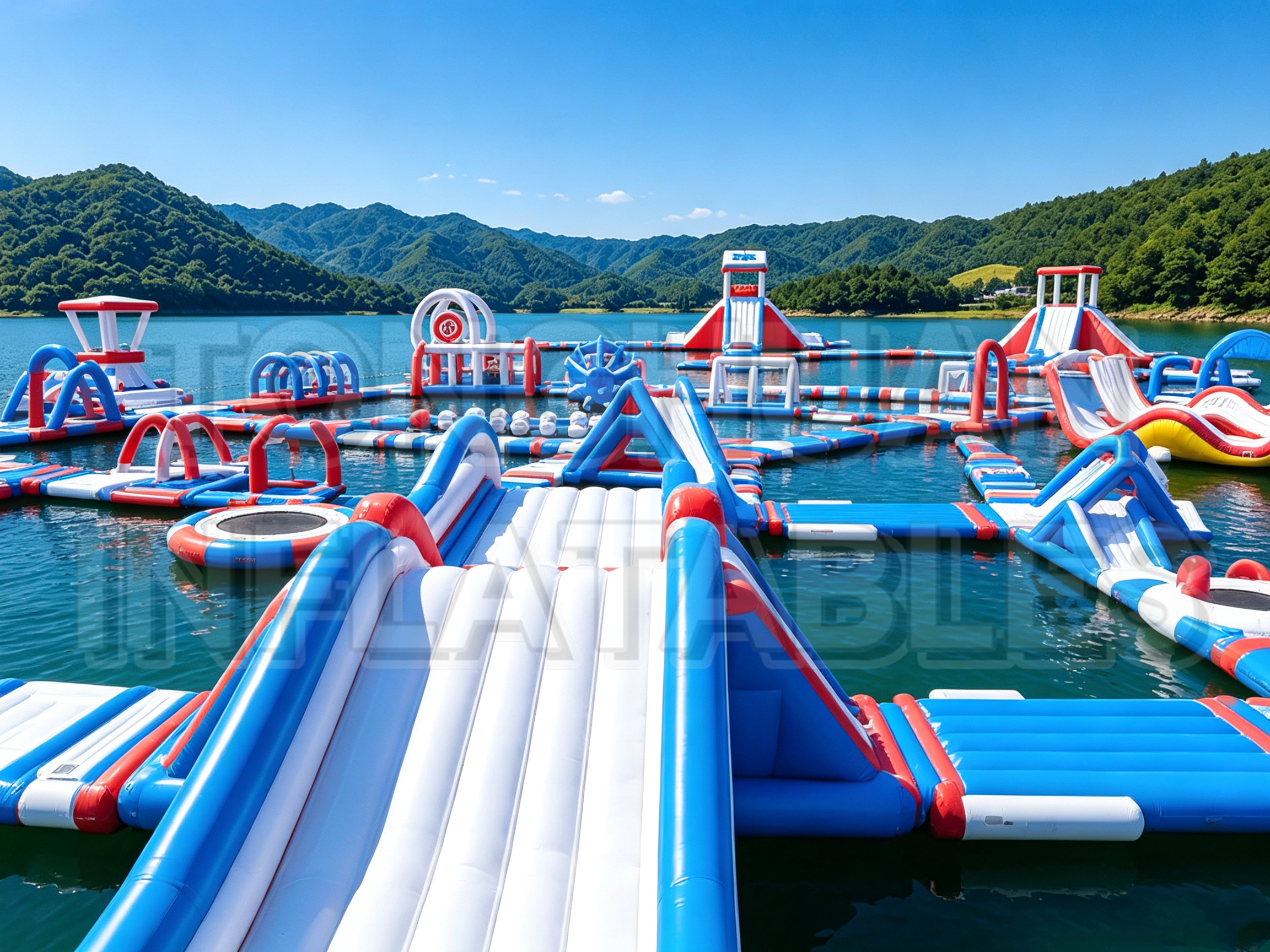 Custom Modular Inflatable Water Park with Floating Walkways Slides Trampolines and Balance Obstacles for Lakes Resorts Beaches and Commercial Recreation Projects