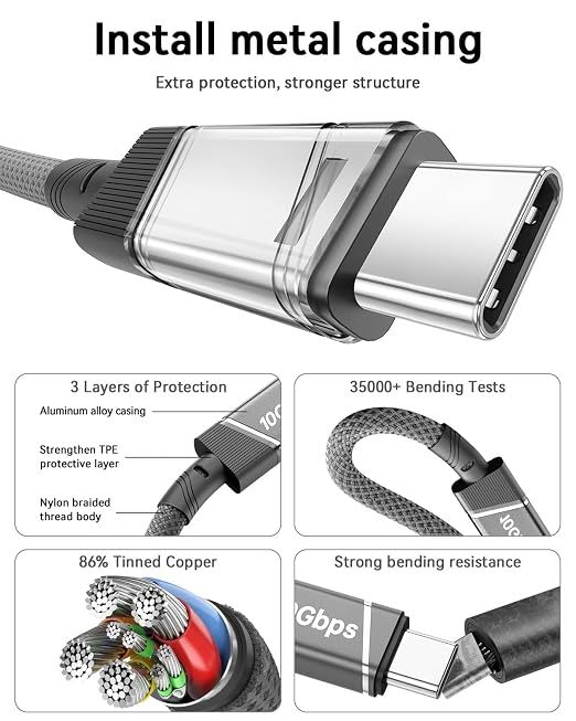 Grey 10Gbps USB C Cable USB 3.2 Gen 2 High Speed Data Cable 3Ft For Laptops Phones Portable SSDs USB Hubs