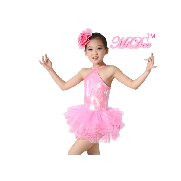 Childrens Ballerina Outfits / Dance Costumes Full Sequins Pink Pleated Tulle Skirt