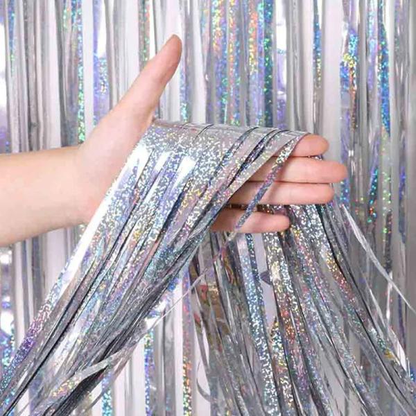 Christmas Diwali Silver Metallic Fringe 3*6m Laser Foil Curtain