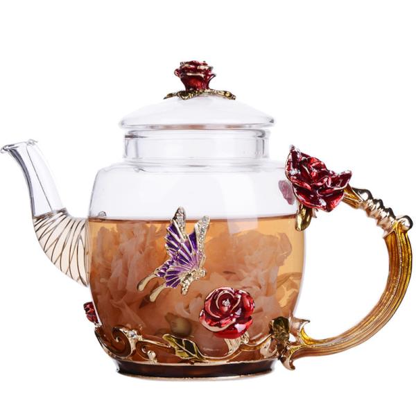 Flower Pattern Floral Microwavable Teapot , Vintage Glass Teapot With Gold Leaves