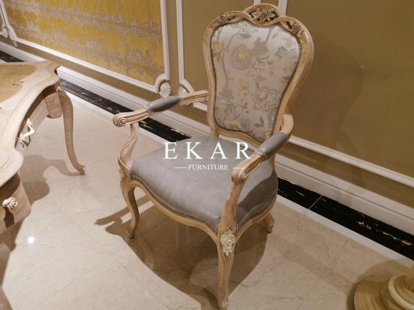 Antique Ash Wood Hand Carved Leather and Fabric Upholstered Armchair Home Office Chair