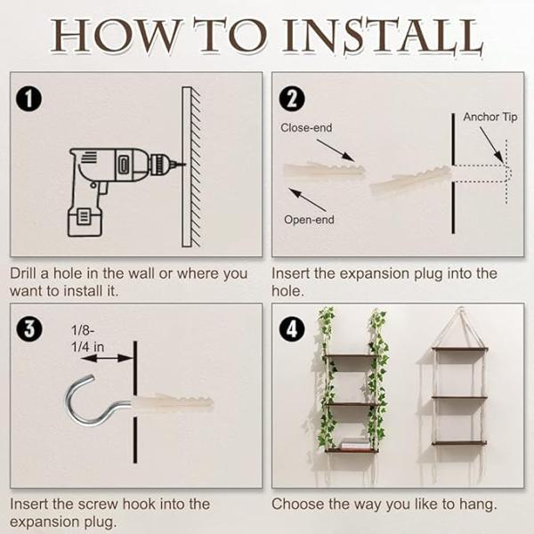 Home Furniture 3 Tier Macrame Wall Hanging Shelf with Wooden Floating Storage Shelves