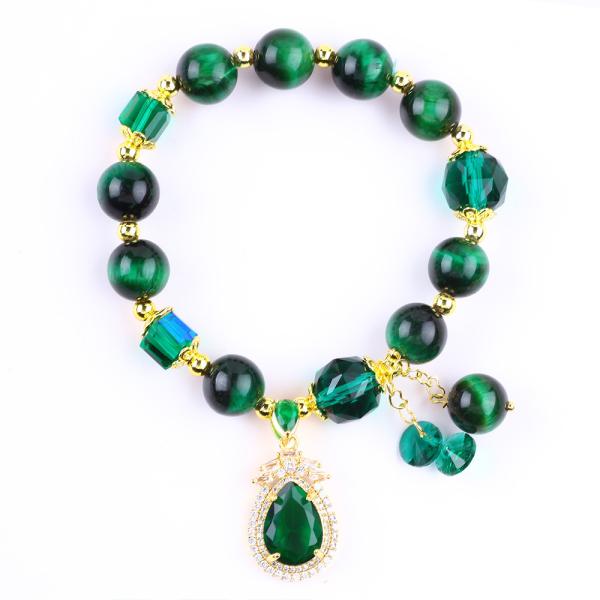 Natural Green 10mm Tiger Eye Bracelet With Copper Gold Plating