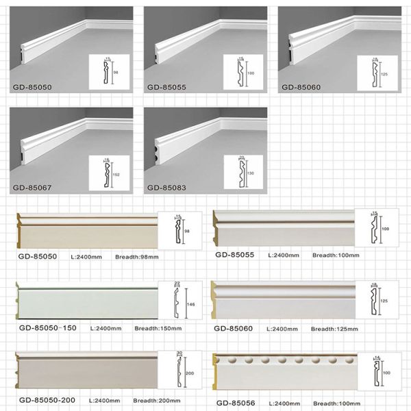 GD-85060 Modern Style Polyurethane Skirting Mouldings | Easy-Install White Wall Baseboard Trim for Living Rooms