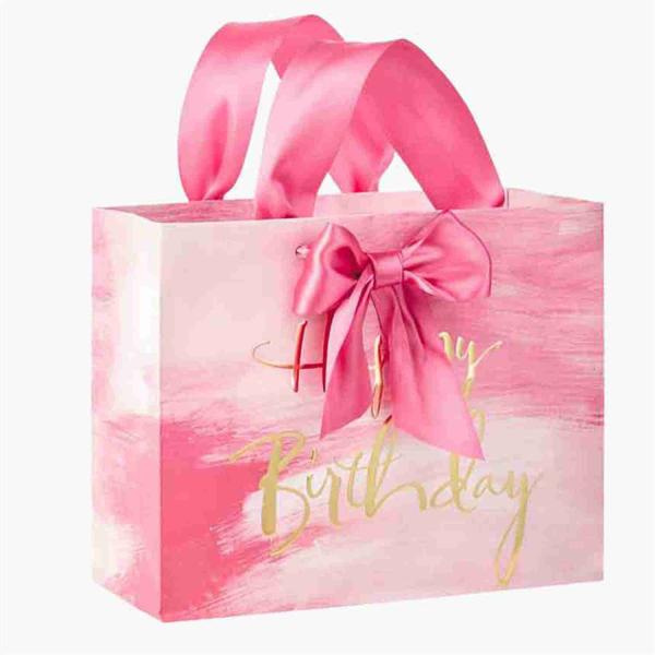 Recycled Small Pink Cardboard Printed Paper Gift Bags Ribbon Handle Bags