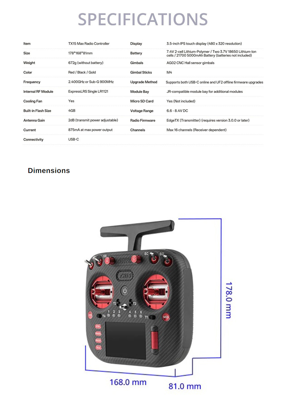 RadioMaster TX15 Radio Controller 3.5inch ExpressLRS Module AG02 Hall Gimbal Built-in Gyroscope