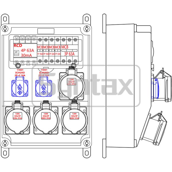 Syntax CX3 Wall Mounted Distribution Box 63AMP Three Phase IP65 Waterproof Made in PC Material