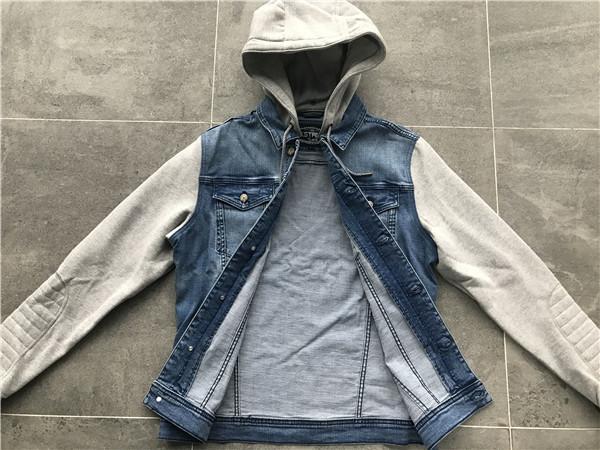Light Wash Mens Denim Jacket And Jean With Brushed Fleece Sleeves / Detachable Hood