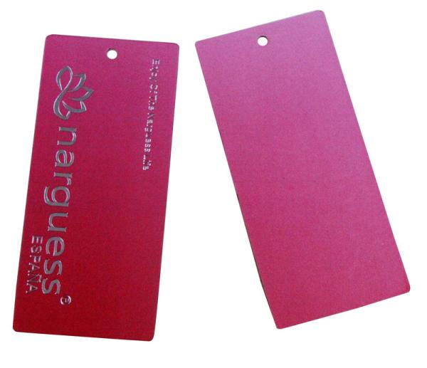 Pink Matt Coated Clothing Hang Tags Silvery Foil Stamped With Button Bags , Washing Marks