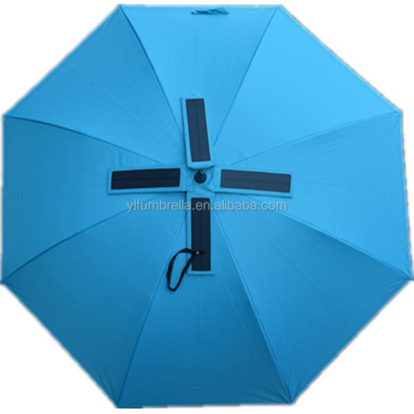 Manual Open Ruber Coating Handle Iron Sunny and Rainy Umbrella with Solar Fan