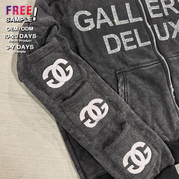 Clothing Manufacturers Custom Rhinestone Acid Washed Zip up Multiple Pockets Vintage Heavyweight Hoodie Sun Faded Hoodies Men