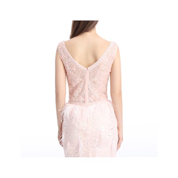 Embroidery Beading Pink Long Evening Dresses , Ladies Long Evening Dresses With Pinion