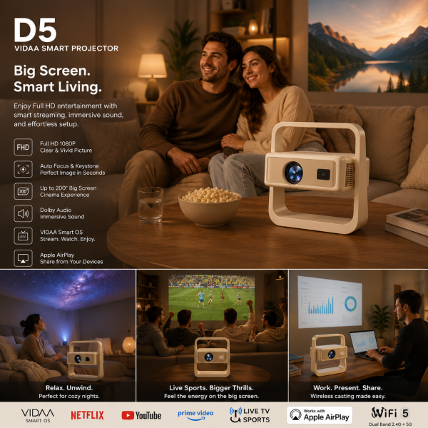 D5 Portable Smart Projector with VIDAA OS | 1080P Full HD Home Cinema with Apple AirPlay 2 & Dolby Audio