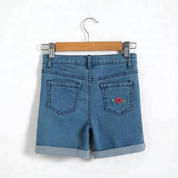 Flower Embroidery Girls Denim Shorts Knee Length With Adjustable Size Waist