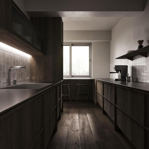 Custom Modern Skeleton Line Design Made Flat Wood Grain Finished Kitchen Cabinet Solid Wood Kitchen Cabinet