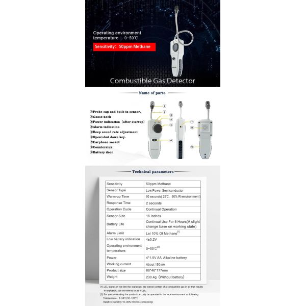 GM8800A GM8800B Portable Combustible Gas Detector with Sound Light Alarm Adjustable Sensitivity and Low Power Semiconductor Sensor