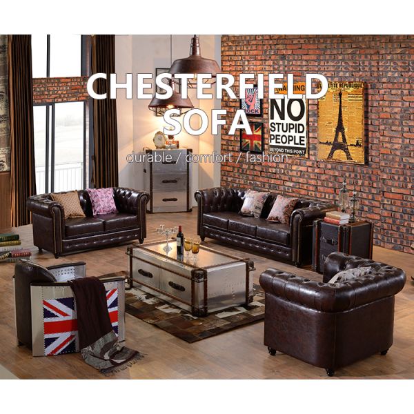 Nidea #8907 High Quality American Retro Chocolate Brown Chesterfield Leather Modern Sectional Couch 3 Seater Living Room Sofa Set Furniture