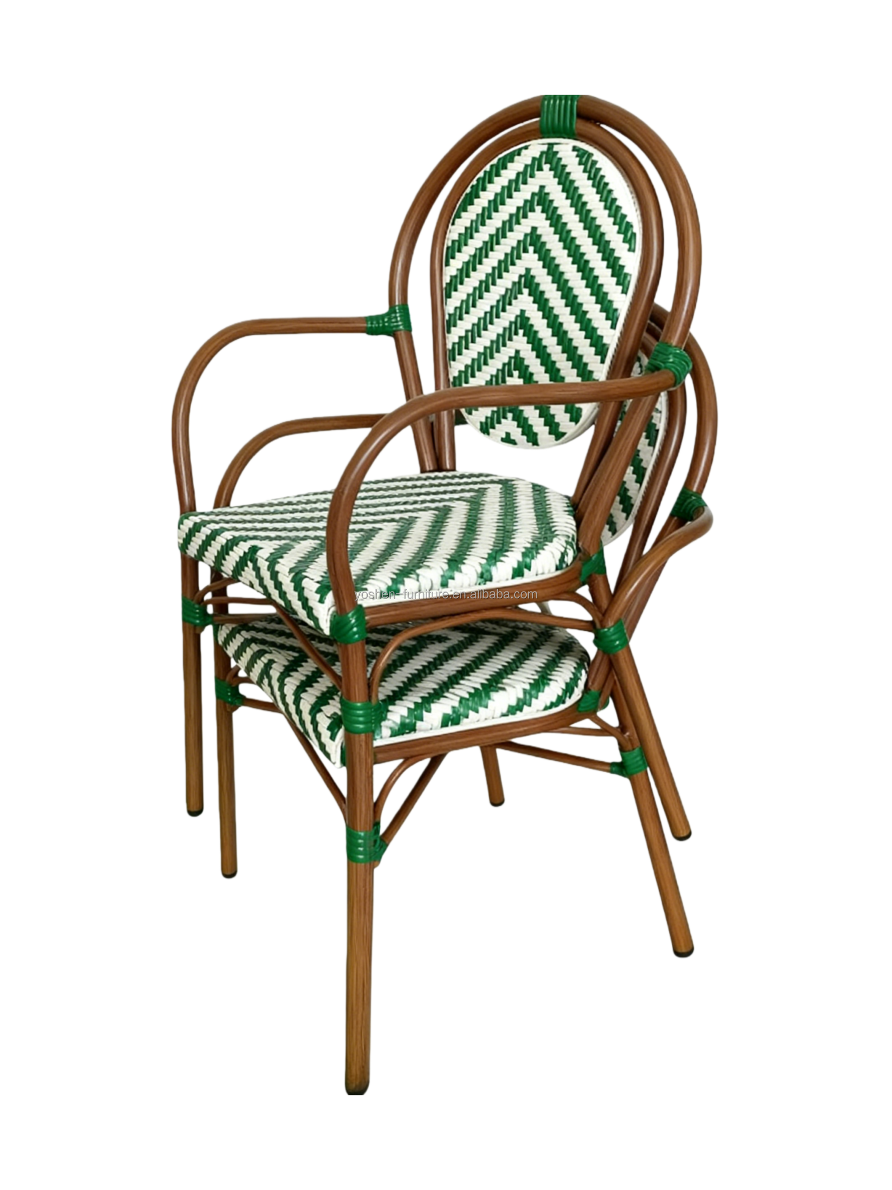 Stackable Curved-Back Synthetic Wicker & Bamboo Commercial Outdoor Green Chair