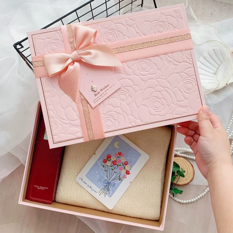 Luxury Embossed Rose Rigid Gift Box With Satin Ribbon And Lift-Off Lid