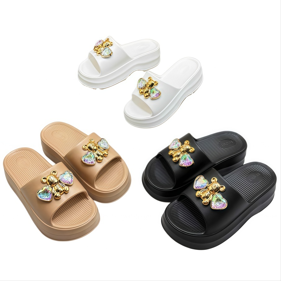 EVA Women Thick Platform Wedge Gold Bear Iridescent Heart Rhinestone Slide Sandals