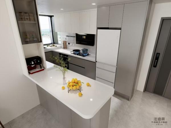 Fadior Light Grey Stainless Steel U Shaped Kitchen With Extended Island And Open Shelf Design