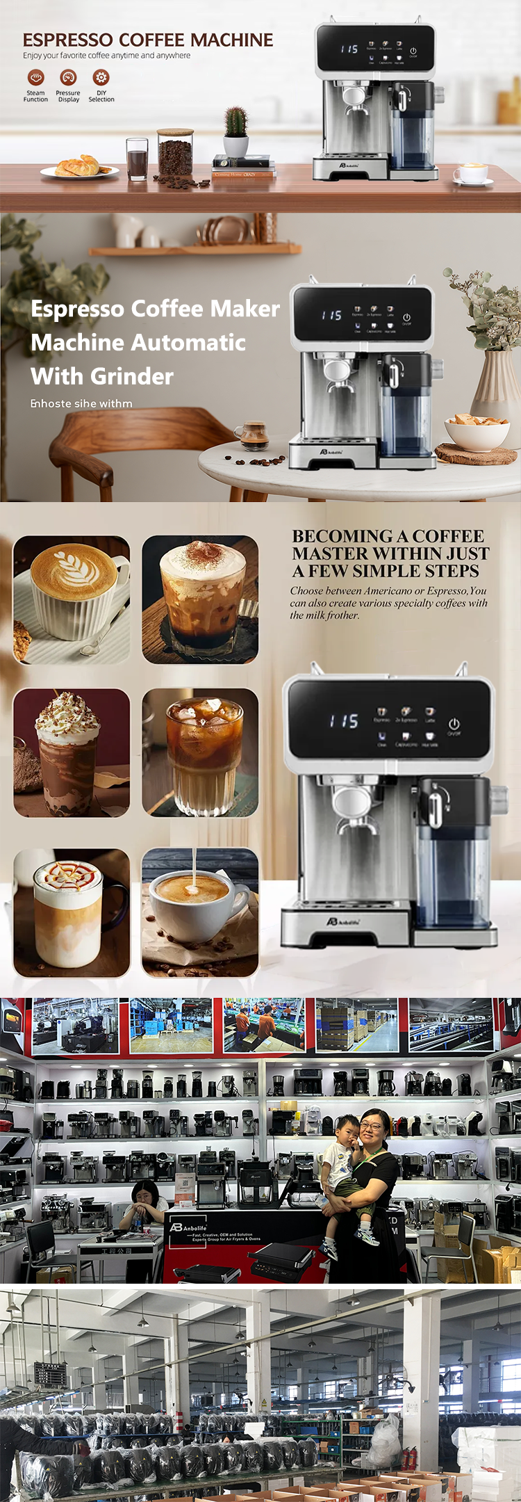 Full SS Housing LED Touch Screen Espresso Machine With Milk Frother
