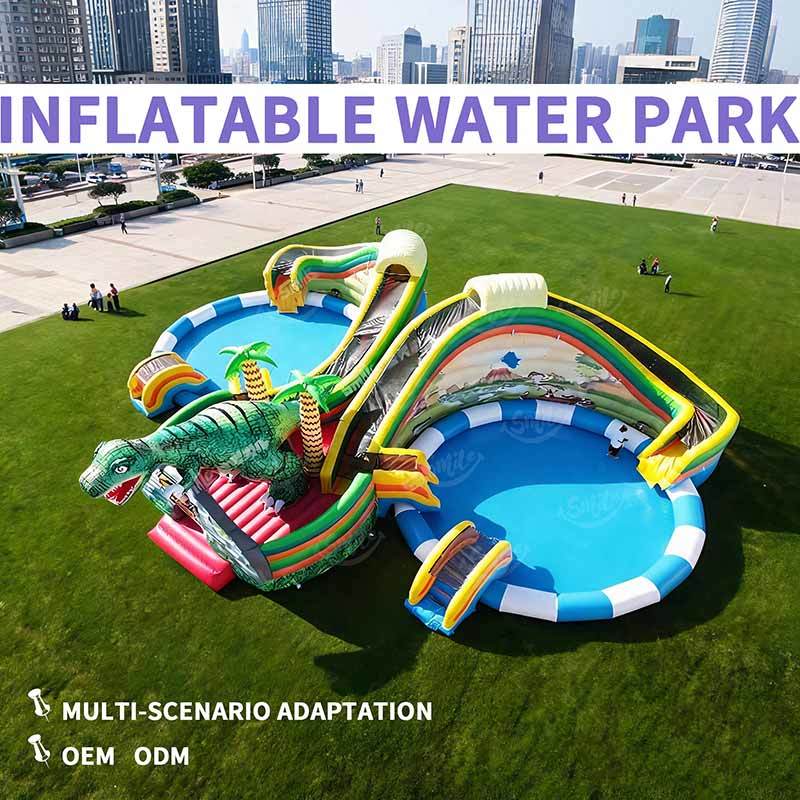 Inflatable Dinosaur Water Park, Dino Theme Inflatable Water Slide with Double Pools, Commercial Kids Aqua Play Equipment