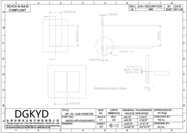 Бронза светомассы соединителя 15U толщины 0.25mm RJ45 SFP клетки DGKYD21SFP1N3A00200B022 2*1