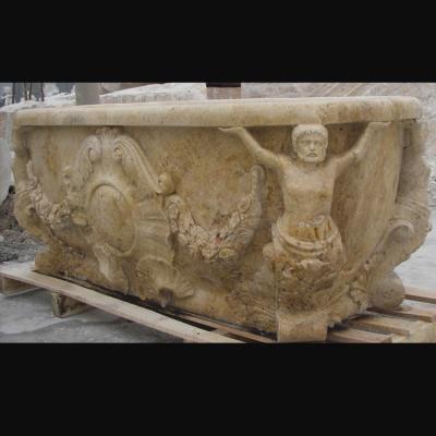 Hotel Deocration Beige travertine bathtub with figure statue carving for bathroom,china sculpture supplier