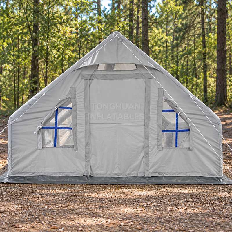 Custom Gray Inflatable Camping Tent with Air Beam Frame and Clear Windows for Campsites and Outdoor Recreation