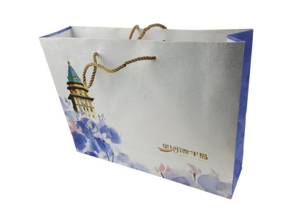 Gift Packaging Paper Bags Customized Size Cardboard Material CMYK Color Printing with Gold Color Rope Handle