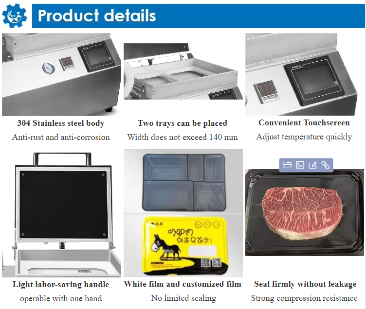 Touchscreen Control Hand Pressed Plastic Tray Vacuum Skin Sealing Machine DQ320VST with Food Grade 304 Stainless Steel