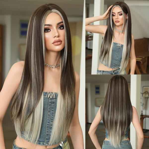 Fashion Long Straight Highlighted Hair Brown/Blonde Synthetic Wigs For Women