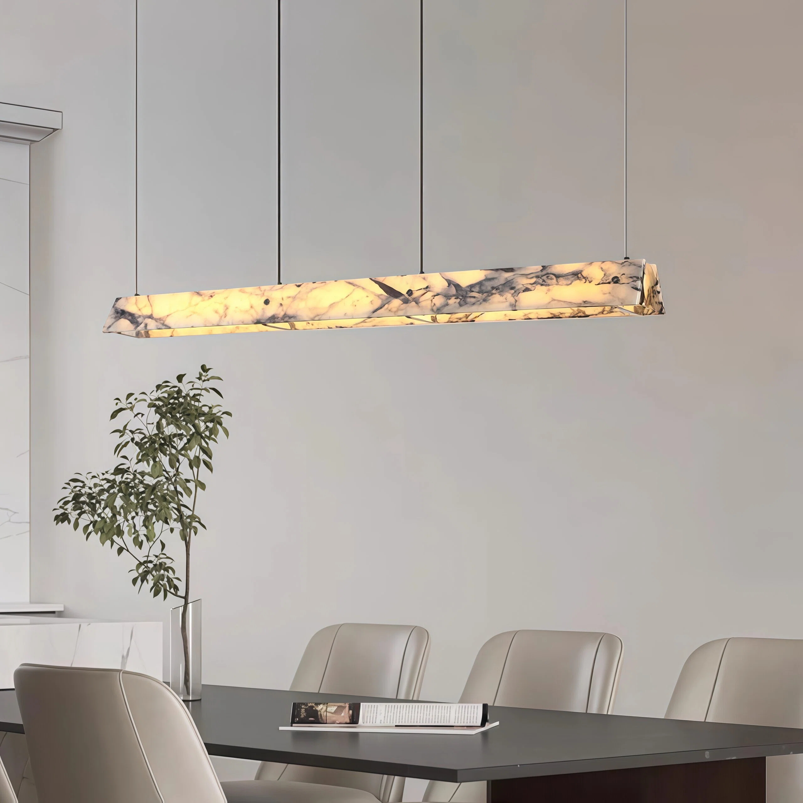 JYLIGHTING Modern Linear Natural Marble Stone Suspension Lamp, Translucent Stone Pendant Light for Dining Room, Villa and Upscale Commercial Interior Projects