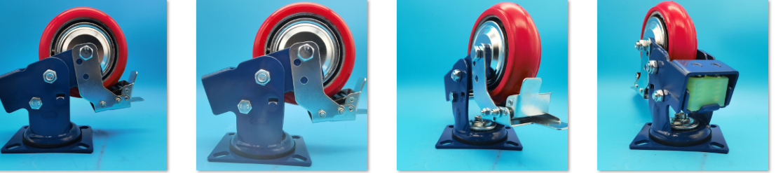 Dual Spring Shock Absorbing Industrial  Caster  Red Iron Core Pu Wheel Galvanized Steel Bracket 250kg Load Capacity