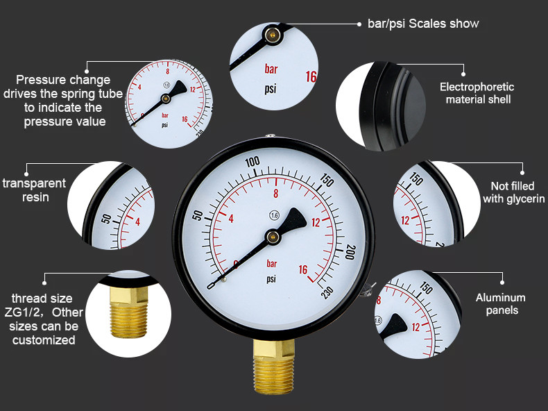 100mm NPT1/2 Dry Pressure Gauge with Iron Shell and Copper Connector Precision 1.6%