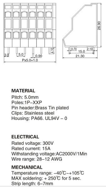 Type TB de ressort de la carte PCB WTM736-5.0, espaçant 5.0mm, ventes directes d'usine