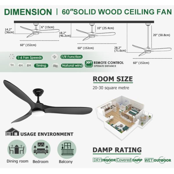 Ventilador de teto LED com luz 1stshine Interior Preto Madeira Sólida DC Motor silencioso Remote