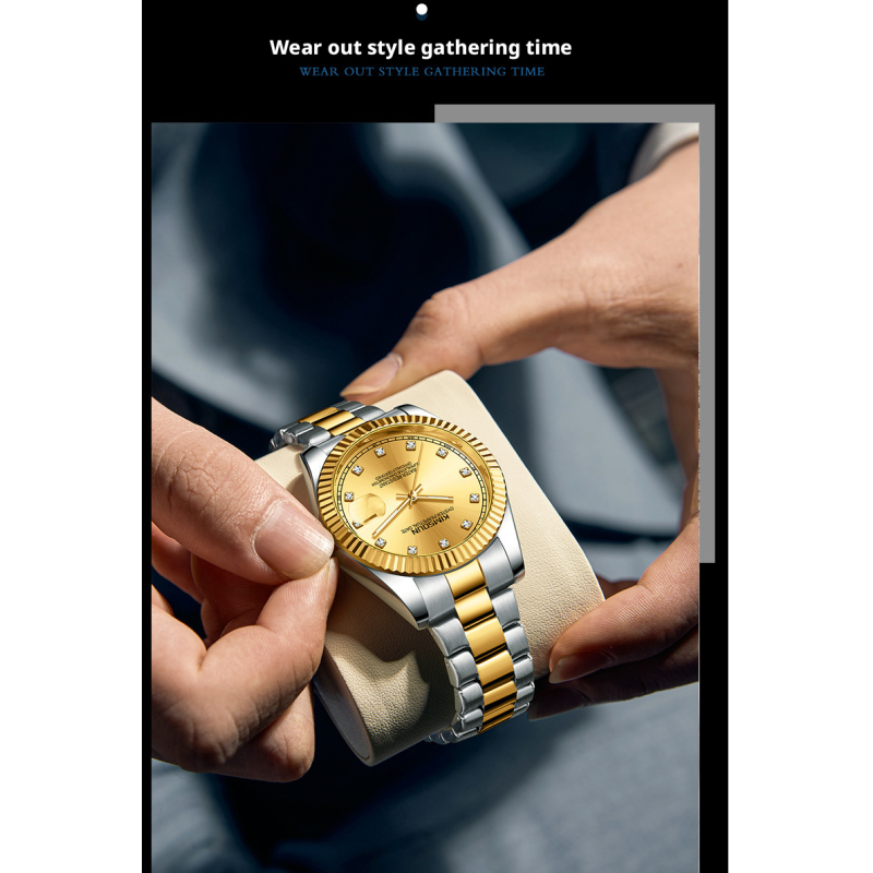 Two Tone Gold Silver Fluted Bezel Men Business Watch Stainless Steel Bracelet Calendar Luminous Waterproof Dress Quartz Wristwatch Multi Dial Colors