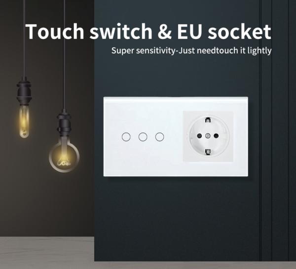 Touch Switch Socket 3 Gang Wall Mounted with LED Indicator On blue Off red