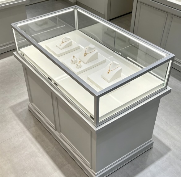 Modern Minimalist Custom Jewelry Display Case, Glass & Metal Showcase for Boutique Jewelry Shop