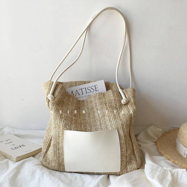 Women's Personalized Casual Tote with Two Handles/Straps Summer Sea Beach Trim Raffia Bag