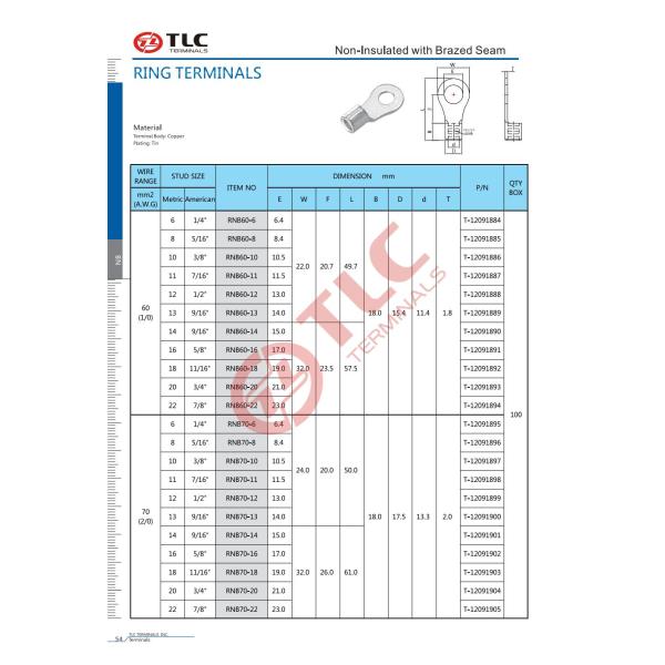 Non Insulated 600V Ring Terminals 105°C Temperature Rating 14-70mm2