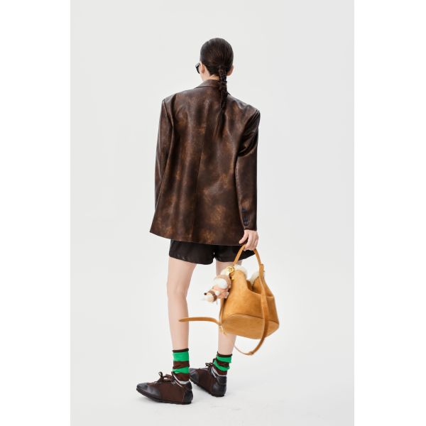 Autumn Style Tie Dye PU Leather Jacket , Dark Brown High Waisted Leather Shorts