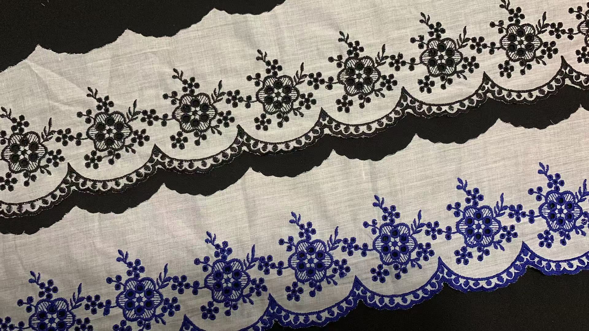 Blue & Black Flower Cutwork Lace Trim, Cotton Polyester Embroidery Scalloped Edge Lace Fabric 