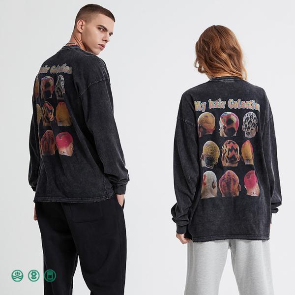 Men'S Hip Hop Acid Wash Crewneck Sweatshirt Athletic Black Distressed Vintage T-Shirt Terry Fabric