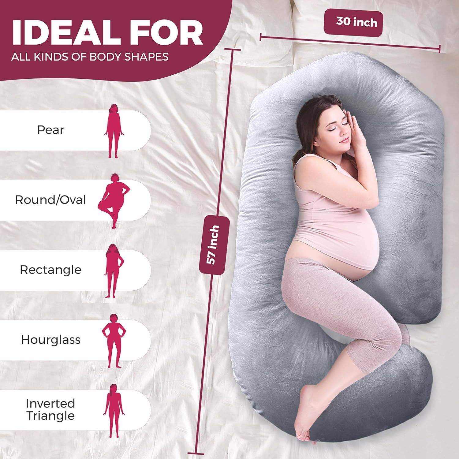 Pregnancy Pillows for Sleeping – 57-Inch Maternity Pillow for Pregnant Women with Removable Washable Cover – Support for Back, Belly, Neck, Legs, & Hips – V C U Shaped Full Body Pillow, Velvet Grey