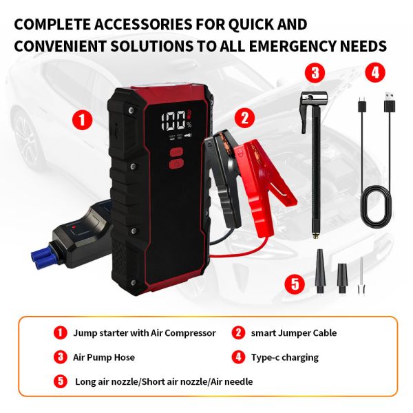 8000mAh 6000mAh Car Battery Jump Starter Power Bank 6 In 1 Jump Starter With Flashlight Air Pump Compressor